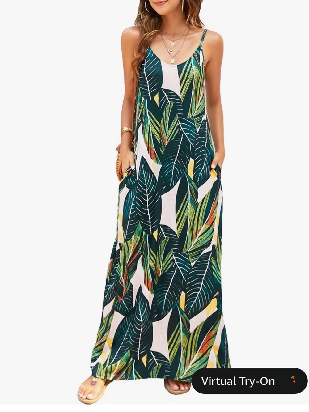 Leaf-Print Green Maxi Dress with Spaghetti Straps